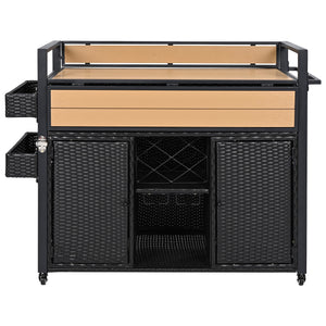 English Elm K&K Wicker Outdoor Grill Cart with Foldable Drop Leaf, Locking Wheels, Wine Rack & Ample Storage Black Brown N707P233747B