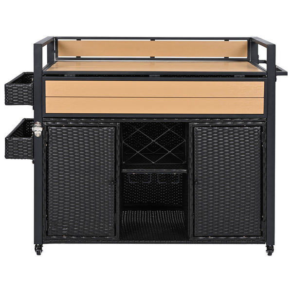 English Elm K&K Wicker Outdoor Grill Cart with Foldable Drop Leaf, Locking Wheels, Wine Rack & Ample Storage Black Brown N707P233747B