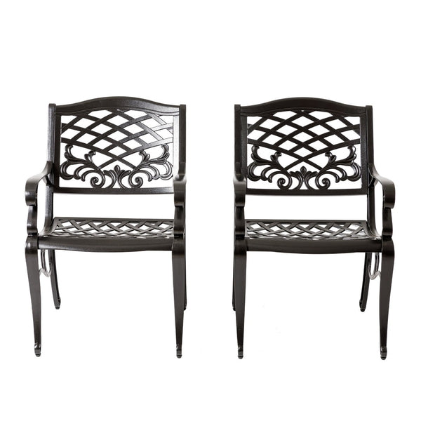 English Elm Phoenix Cast Aluminum Outdoor Dining Arm Chairs Ornate Lattice Scroll Garden Patio Set Bronze N776P381164B