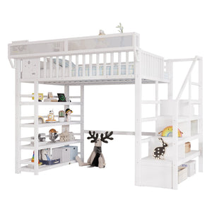 English Elm Full Metal Loft Bed with Stair Storage Rgb Lighting and Charging Station for Teens White W2580S00075