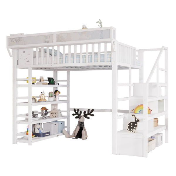 English Elm Full Metal Loft Bed with Stair Storage Rgb Lighting and Charging Station for Teens White W2580S00075