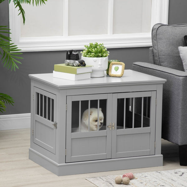 English Elm Pawhut Stylish Dog Crate End Table With Triple Doors, Cozy Wooden Furniture For Small Pets, Gray W2225P217151-GIGA
