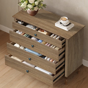 English Elm Large Antique Style 4-drawer Chest with Crown Molding Roman Legs Bedroom Storage Natural & Light Brown,Rustic Brown W1445P422421