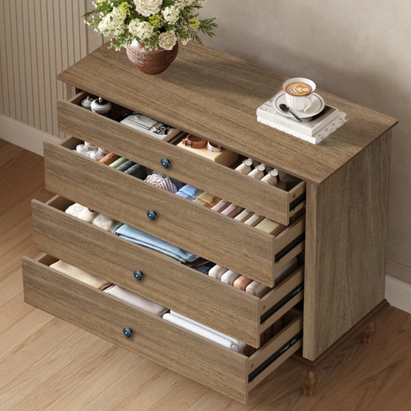 English Elm Large Antique Style 4-drawer Chest with Crown Molding Roman Legs Bedroom Storage Natural & Light Brown,Rustic Brown W1445P422421