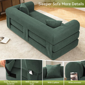 English Elm Convertible Corduroy Sleeper Sofa Queen Fold Out Bed with Dual Storage Pockets Light Green W3396P483185