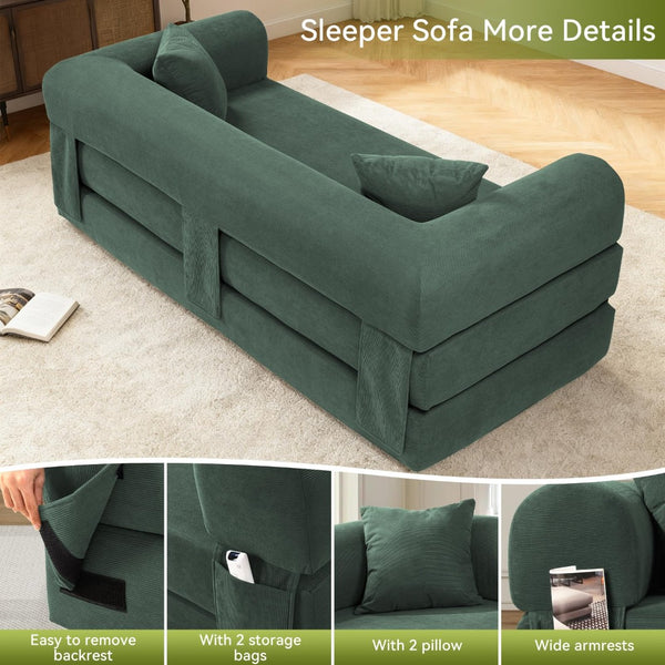 English Elm Convertible Corduroy Sleeper Sofa Queen Fold Out Bed with Dual Storage Pockets Light Green W3396P483185