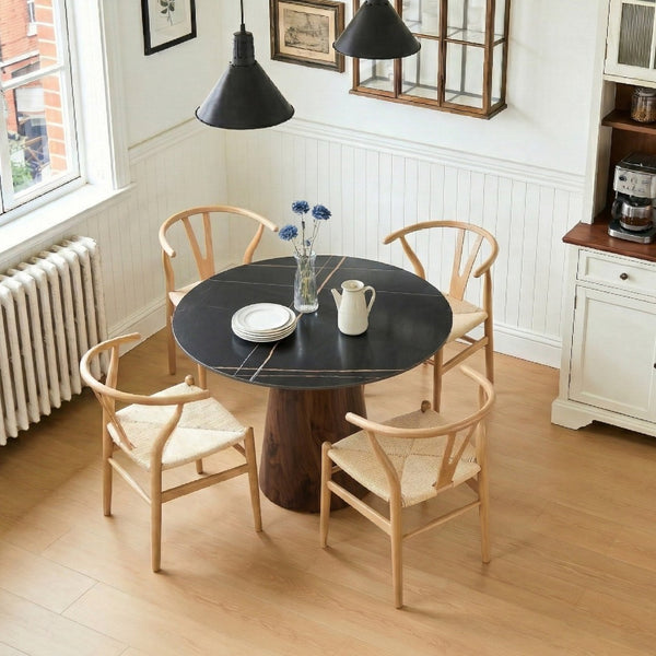 English Elm Table and Chair Set 42 Inch Round Stone Look Top with Wishbone Iron Dining Chairs W2920S00143