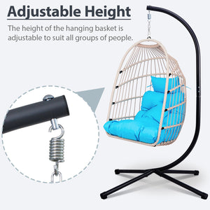 English Elm Foldable Hanging Egg Chair with Stand Pillow, HDPE Wicker, Rust‑Resistant Frame, Cushioned Headrest, 350lb Capacity Blue W2500P369700