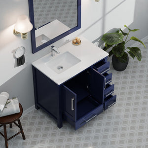 English Elm Navy 36" Bath Vanity with Left White Quartz Top, Soft-Close Drawers, Chrome Faucet, Ample Storage B2731P259055