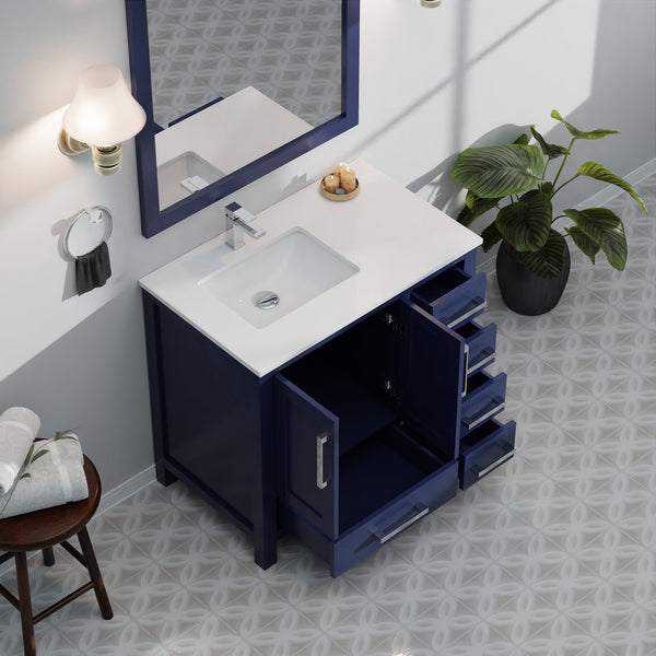English Elm Navy 36" Bath Vanity with Left White Quartz Top, Soft-Close Drawers, Chrome Faucet, Ample Storage B2731P259055