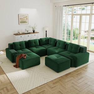 English Elm Modular Corduroy Sectional Sofa V Shaped 5 Seat Living Room Couch with Ottoman Green W714S01583