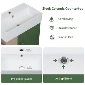 English Elm 21.6" Wall Mounted Bathroom Vanity Ceramic Sink Open Shelf Soft Close Green W1573S00088