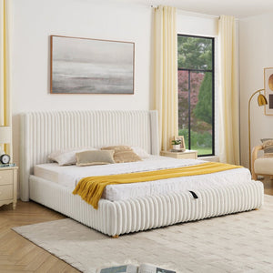English Elm King Corduroy Upholstered Storage Bed Hydraulic Lift Ribbed Plush Cream Platform W1413S00182