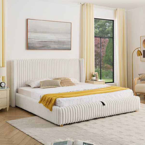 English Elm King Corduroy Upholstered Storage Bed Hydraulic Lift Ribbed Plush Cream Platform W1413S00182