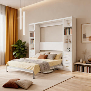 English Elm Desk Murphy Wall Bed Queen with Side Storage Cabinets for Home Office Study W5290S00006
