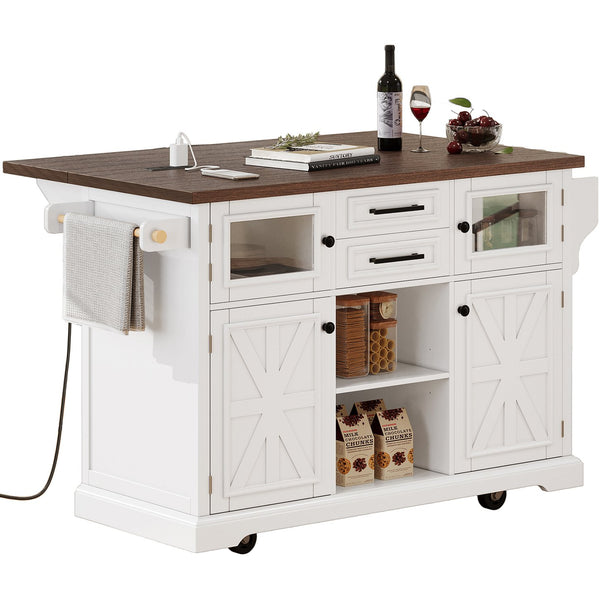 English Elm K&K 54.9" Farmhouse Kitchen Island Cart with Drop Leaf, Charging Station, Barn Doors & Glass Pane White N707P300277W