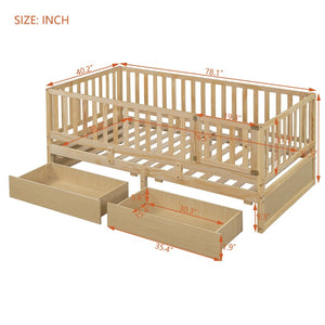 English Elm Twin Pinewood Daybed with Fence Guardrails Two Storage Drawers and Split Floor Bed Natural LP200881AAN