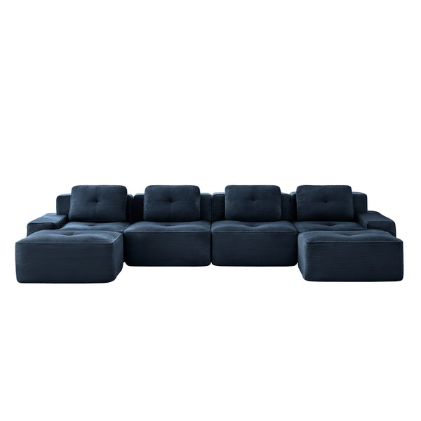 English Elm 153" Modern U-Shaped Modular Sectional Sofa With Movable Ottomans, Deep Seats & Elegant Design, Blue W714S01500