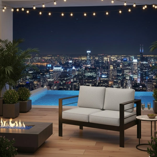 English Elm 50" Cast Aluminum Outdoor Loveseat with Uv Resistant Olefin Cushions for Patio Decks Black+ Gray B082P454973