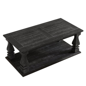 English Elm Farmhouse Coffee Table Solid Planked Wood with Open Shelf Square Baluster Living Room Antique Black W1445P362860