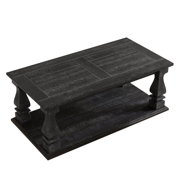 English Elm Farmhouse Coffee Table Solid Planked Wood with Open Shelf Square Baluster Living Room Antique Black W1445P362860