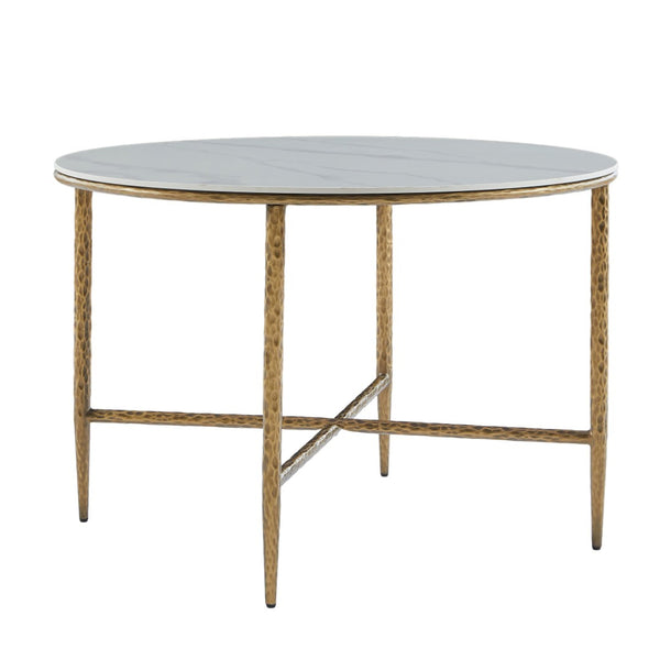English Elm Sintered Stone Square Dining Table with Hand Hammered Iron X Base Artisan Craft Forged Brass N771P400389Z