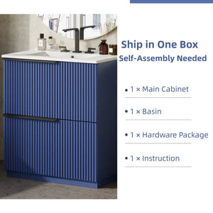 English Elm Christopher Knight Home® - 30" Freestanding Bathroom Vanity With Ceramic Sink, Soft-Close Drawers & Elegant Fluted Design In Blue N817P288915B