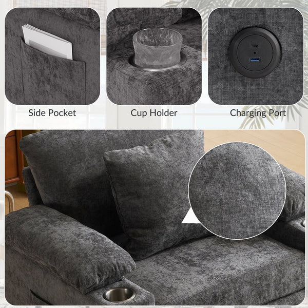 English Elm Ergonomic Oversized Chenille Chair with Ottoman, Firm Lumbar Support, Cup Holders, USB Charging, Convertible Sofa Bed for Back Pain Relief DARK GREY W2606P288194