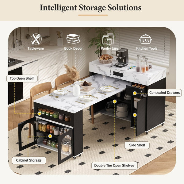 English Elm Trexm Rolling Kitchen Island Extendable Marble Top Cabinet Drawers Power Outlet Black,White Marble XW000029AAB