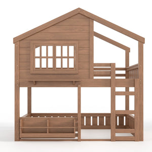 English Elm Full Bunk Bed with Trundle Bookshelf Storage Pine Frame Car Design for Kids W1580S00521