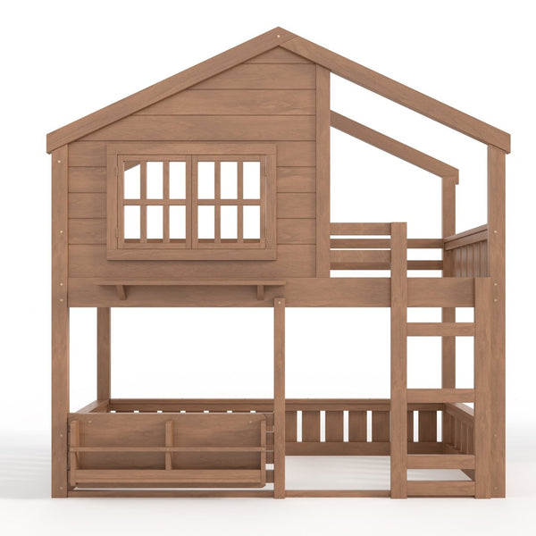 English Elm Full Bunk Bed with Trundle Bookshelf Storage Pine Frame Car Design for Kids W1580S00521