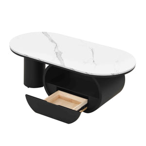 English Elm Luxury Oval Coffee Table with Faux Marble Top, Sturdy Metal Frame, Storage Drawer, Adjustable Feet Black White W821S00031