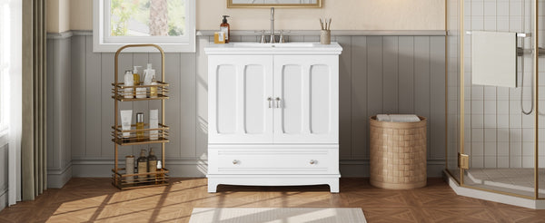 English Elm 30" Modern Bathroom Vanity with Ceramic Sink, Solid Wood Frame, Soft-Close Drawer & Adjustable Shelf White N710P293306K