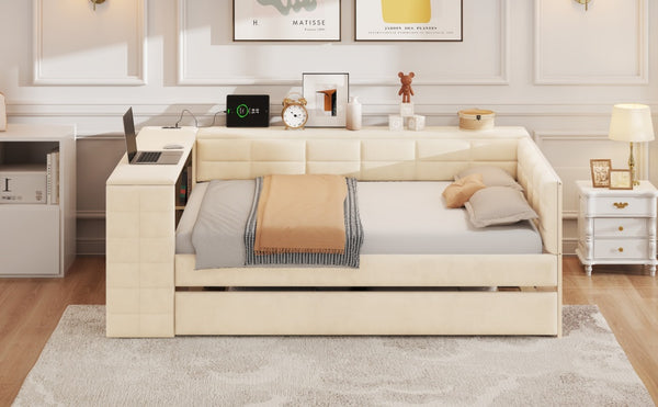 English Elm Full Size Upholstered Platform Bed With Desk, Usb Charging, Trundle & Storage Shelves In Beige Velvet N7090000604A