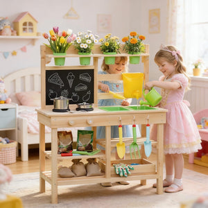 English Elm Wooden Fir Outdoor Play Kitchen for Kids with Dual Sinks Blackboard and 15 Accessories T3971P480683