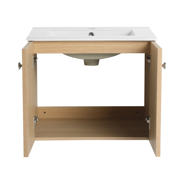 English Elm 24" Modern Wall Vanity with Ceramic Sink, Oak Plywood Cabinet, 2 Soft-Close Doors, Handles Included W1972S00021
