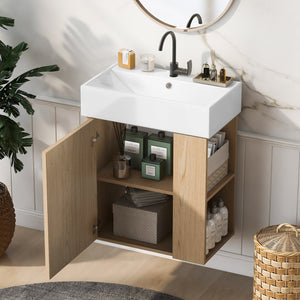 English Elm 21.6 inch Modern Floating Bathroom Vanity with Ceramic Basin, Wave Door, Rose Gold Handle Wood N729P170388D