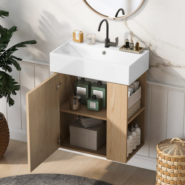 English Elm 21.6 inch Modern Floating Bathroom Vanity with Ceramic Basin, Wave Door, Rose Gold Handle Wood N729P170388D