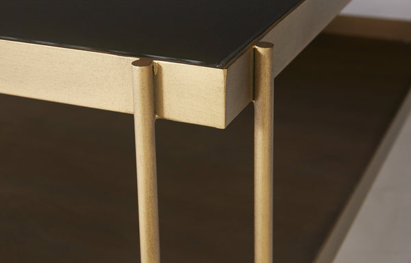 Sunpan Finch Coffee Table - Stunning Mid-Century Design with Black Glass Top & Antique Brass Shelf, 40" Square