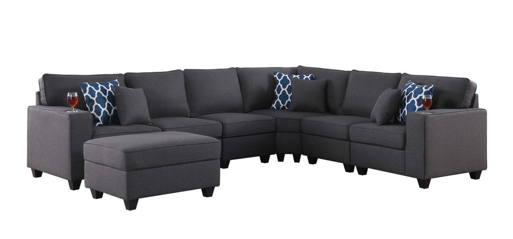English Elm Cristiano 7 Piece Linen Sectional Sofa Set with Ottoman Cupholders and Throw Pillows B2749S00107