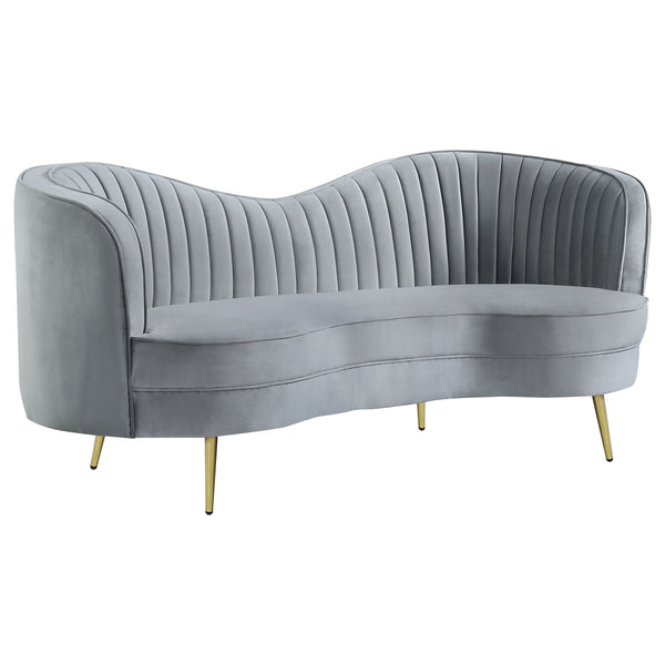English Elm Reigha Velvet Loveseat in Grey with Gold Legs — Mid-Century Modern Channel Tufted Curved Bench Cushion Elegance B062P351443