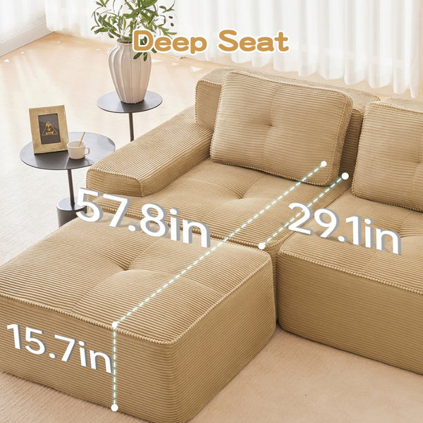 English Elm Modern Corduroy Sectional Sofa Deep Seat V Shape Tufted Couch with Movable Ottoman Camel W714S01588
