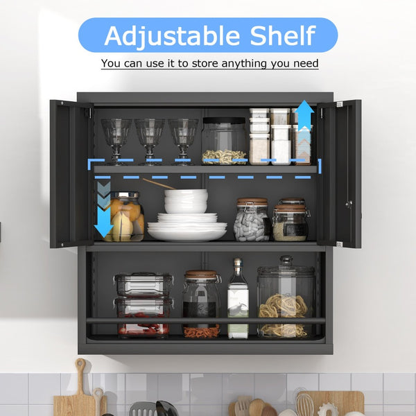 English Elm Metal Wall Mounted Steel Cabinet Lockable Doors Adjustable Shelves Kitchen Office Storage Black T3625P366858