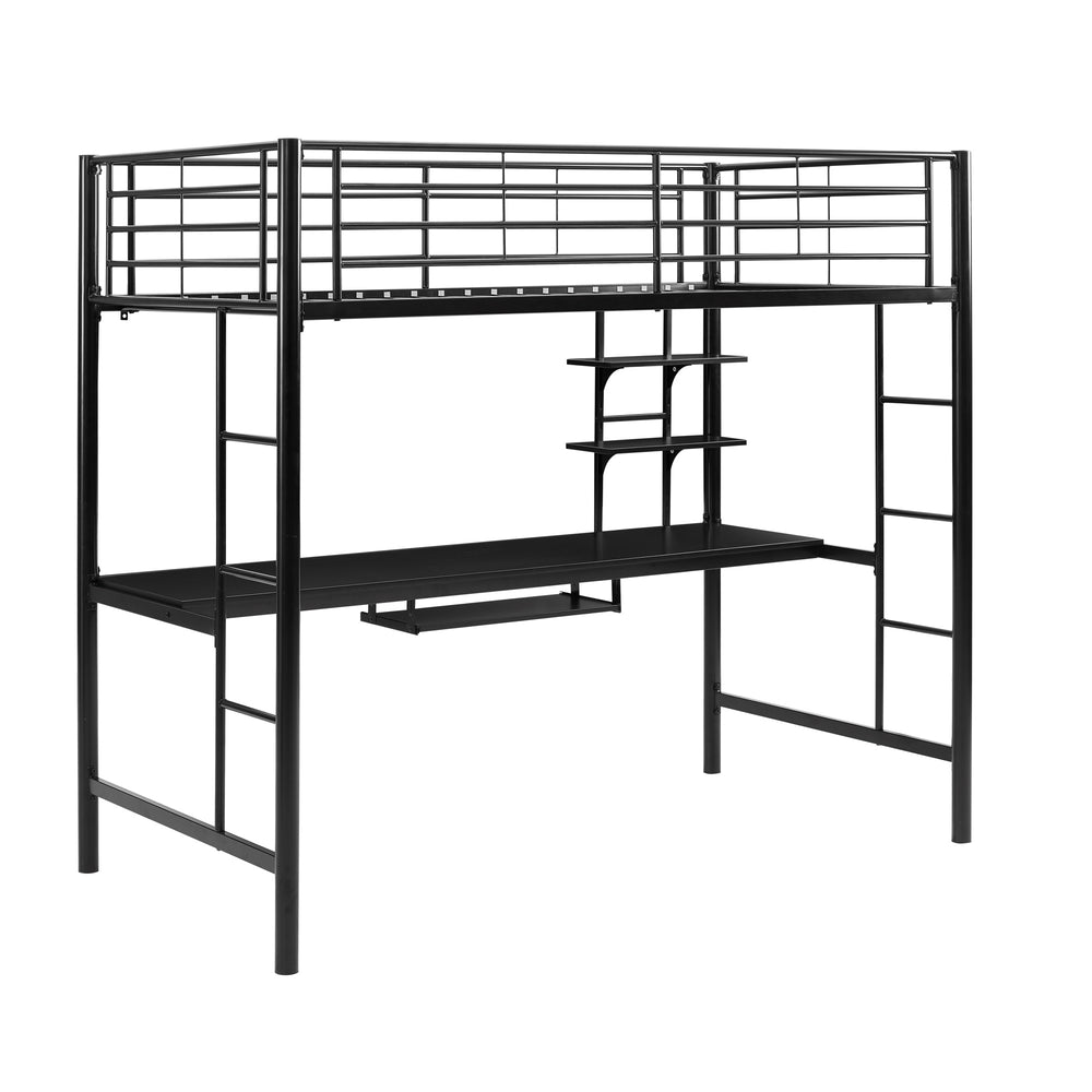 English Elm Walker Edison - Twin Metal Loft Bed Workstation Black — Detachable Desk with Sliding Keyboard Tray & Two Storage Shelves B185P326704