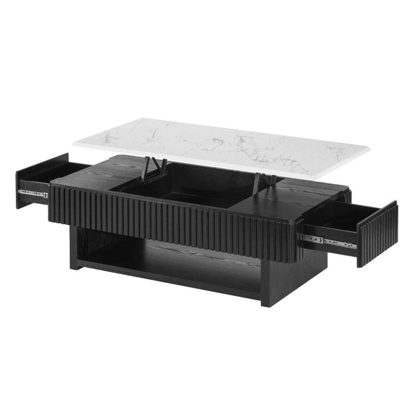 English Elm 46.5" Lift Top Coffee Table Fluted Frame Marble Pattern Hidden Storage Modern Living W5278P458348
