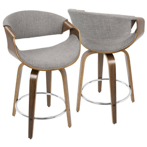English Elm Curvini Mid-Century Counter Stool Set of 2 — Walnut Wood Frame, Swivel Seat, Curved Armrests Grey B202S00030