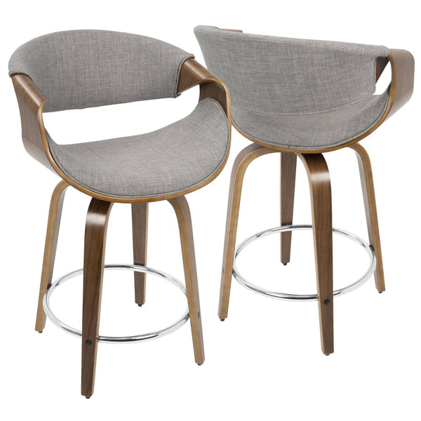 English Elm Curvini Mid-Century Counter Stool Set of 2 — Walnut Wood Frame, Swivel Seat, Curved Armrests Grey B202S00030