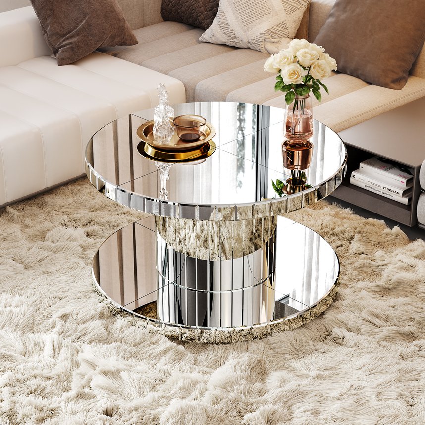 English Elm Double-Tier Fluted Mirror Coffee & End Table, 31.5" Round Double-Tier Display, Light Luxury Decor W1445P299048