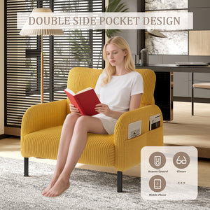 English Elm UNITED Corduroy Accent Chair with Ergonomic Curve, High-Density Foam Seat & Dual Side Pockets for Cozy Living Spaces Yellow W1568P307260