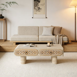 English Elm Rounded Edge Coffee Table Solid Wood Engraved Drawer Modern Living Room Storage W3040P428686